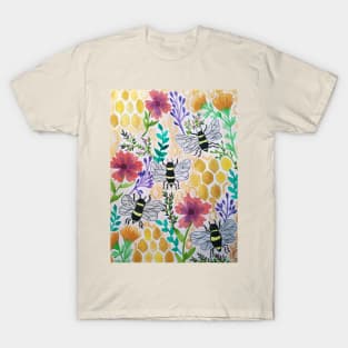 Honey bees, flowers and honey combs T-Shirt